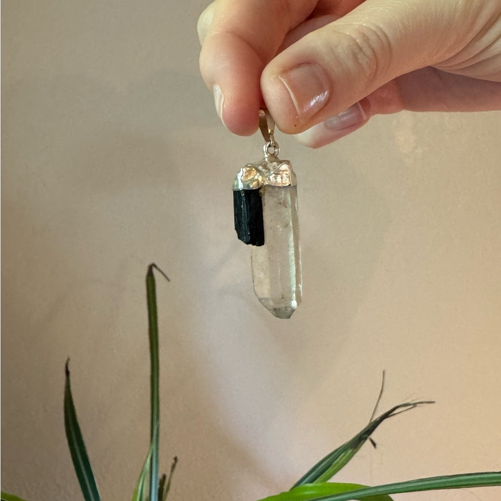 Clear Quartz and Black Tourmaline Silver Pendant